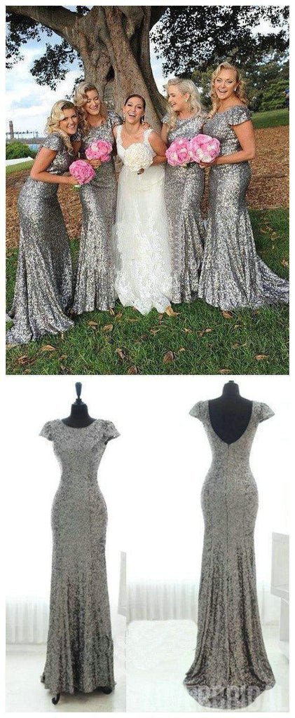 Sparkly Popular Cheap Short Sleeve Bling Silver Sequin Sexy Mermaid Long Bridesmaid dresses, WG46