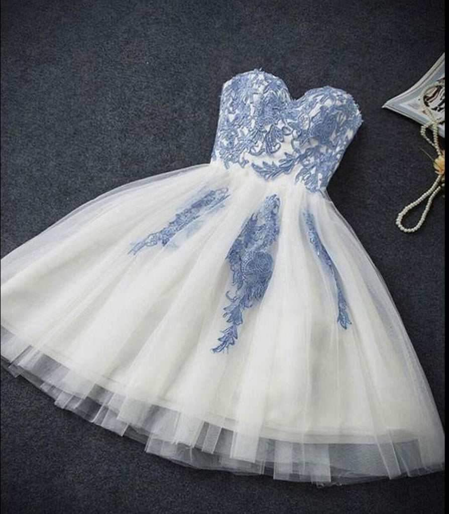 Strapless Sweetheart Neckline Blue Lace Tulle Homecoming Prom Dresses, Affordable Short Party Prom Sweet 16 Dresses, Perfect Homecoming Cocktail Dresses, CM353