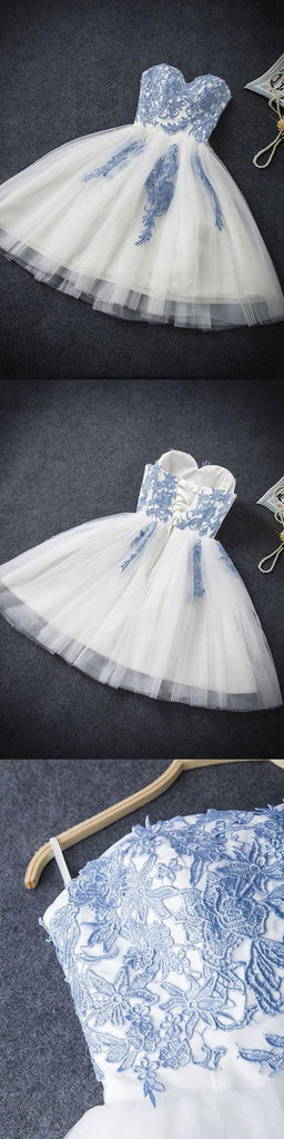 Strapless Sweetheart Neckline Blue Lace Tulle Homecoming Prom Dresses, Affordable Short Party Prom Sweet 16 Dresses, Perfect Homecoming Cocktail Dresses, CM353