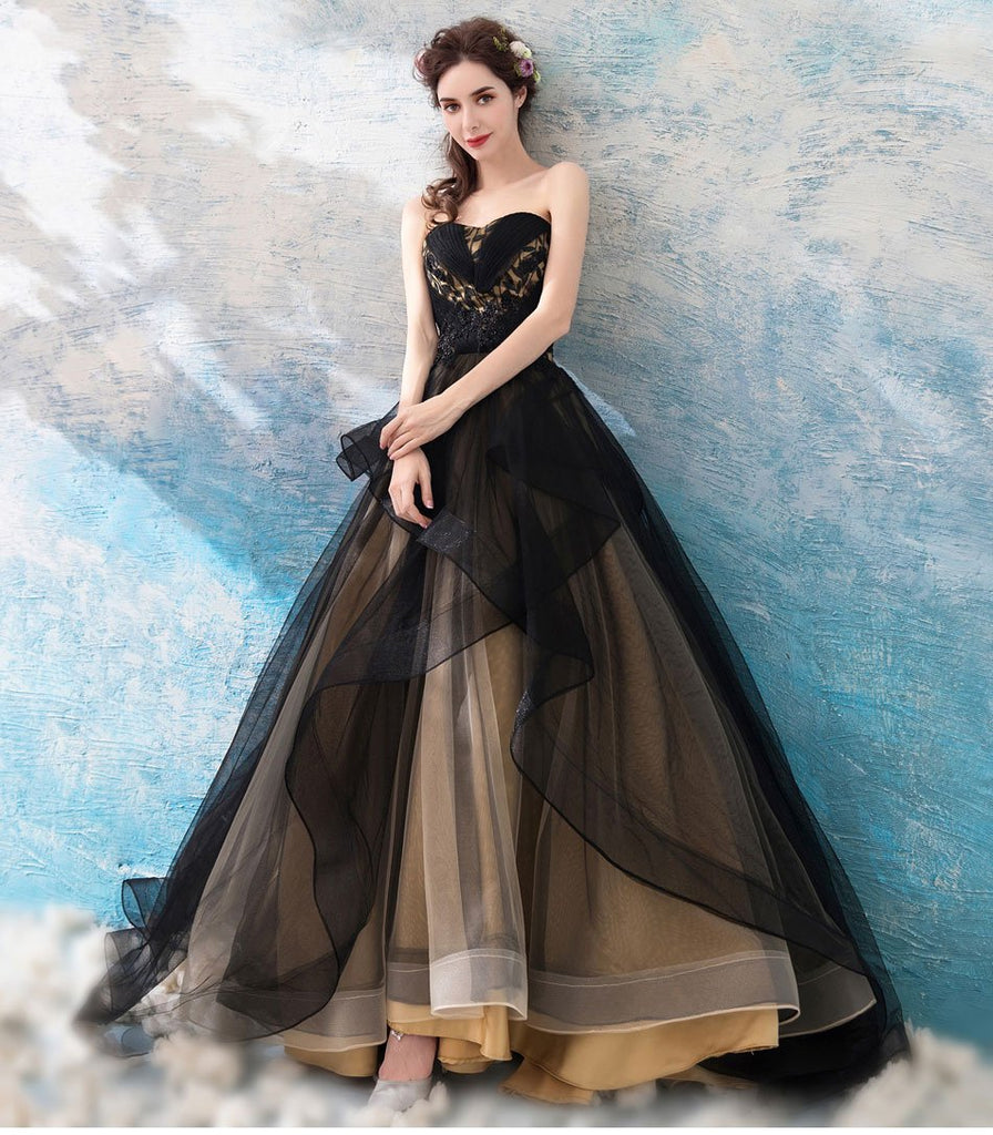 Sweetheart Black Strapless A-line Long Evening Party Prom Dresses, Prom Dresses Stores, 12334