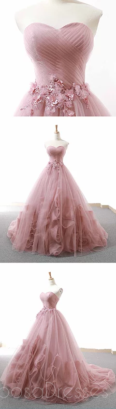 Sweetheart Dusty Pink Hand Made Flower Long Evening Prom Dresses, Cheap Custom Sweet 16 Dresses, 18513