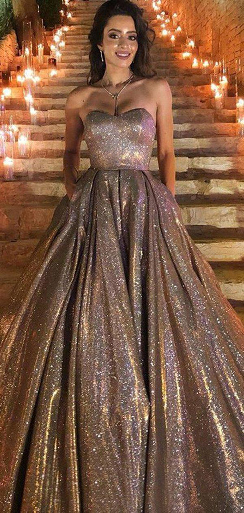 Sweetheart Neck Gold Sequin A-line Cheap Long Evening Prom Dresses, Evening Party Prom Dresses, 12350