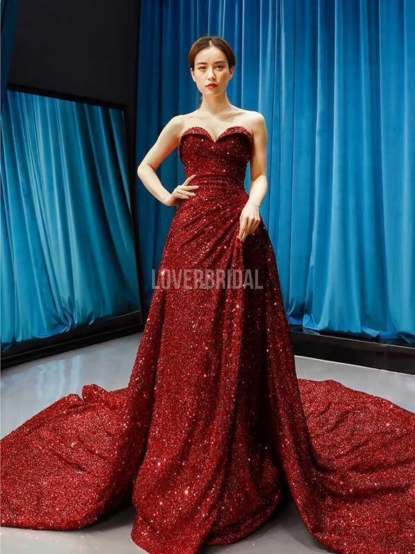 Sweetheart Red Sequin Sparkly Long Evening Prom Dresses, Evening Party Prom Dresses, 12231