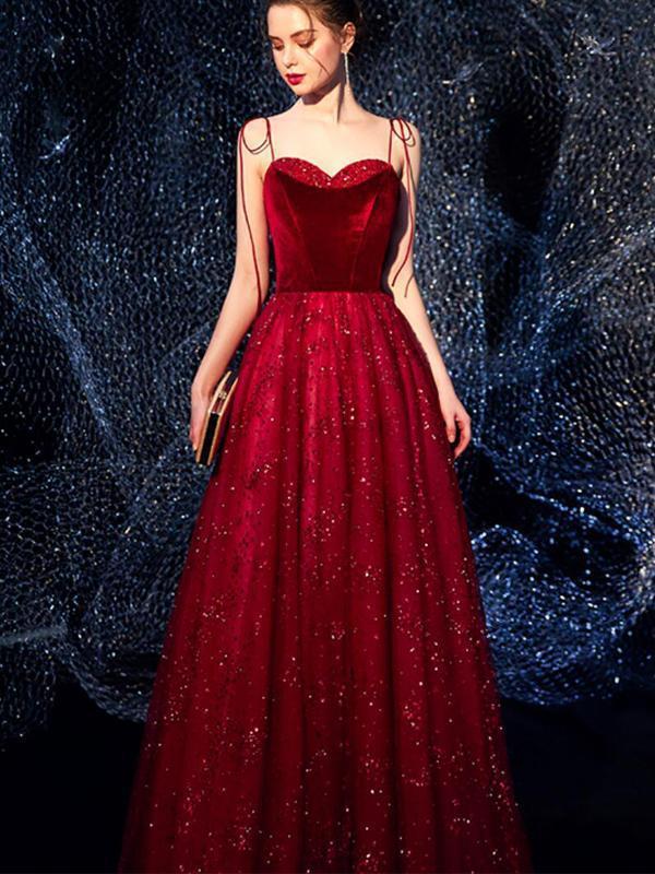 Sweetheart Spaghetti Straps Red Sparkly Long Cheap Evening Prom Dresses, Evening Party Prom Dresses, 12325