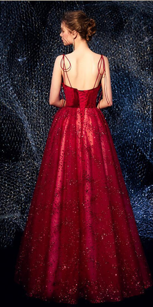 Sweetheart Spaghetti Straps Red Sparkly Long Cheap Evening Prom Dresses, Evening Party Prom Dresses, 12325