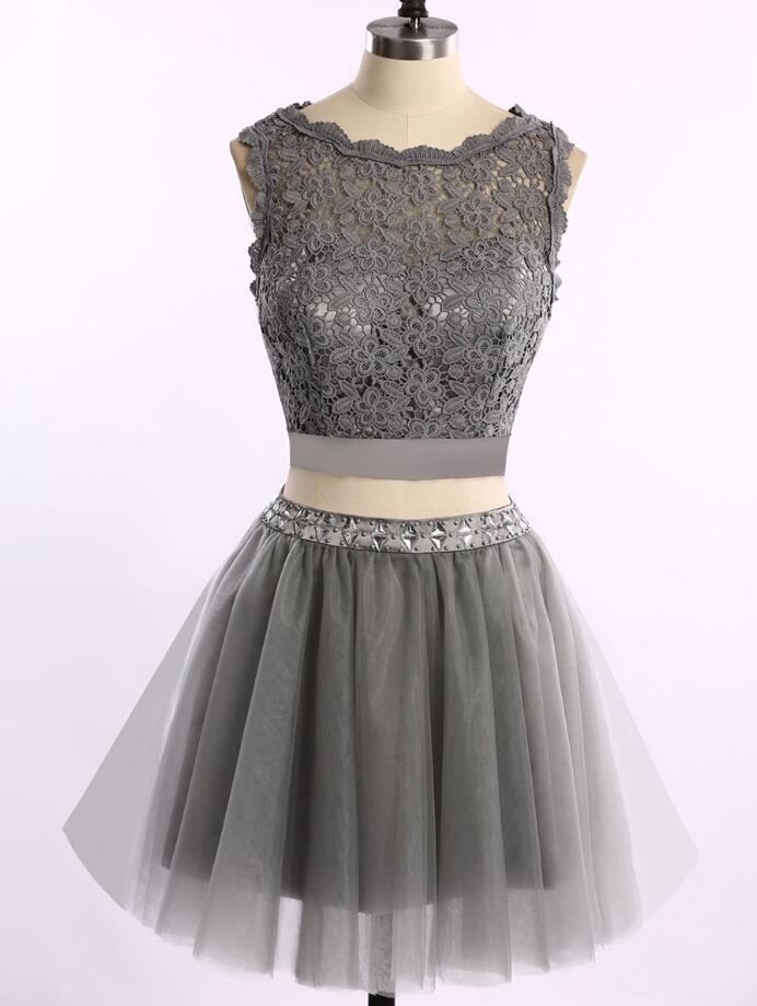 Two pieces grey lace tulle homecoming prom dresses, CM0003