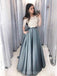 Two Pieces Half Sleeve Lace Grey Long Evening Prom Dresses, Cheap Sweet 16 Dresses, 18433