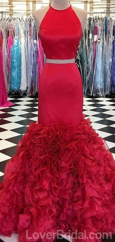 Two Pieces Halter Red Mermaid Long Evening Prom Dresses With Pockets, Cheap Custom Party Prom Dresses, 18604