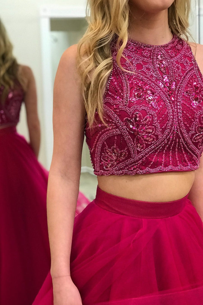 Two Pieces Heavily Beaded Ruffle Hot Pink A line Long Evening Prom Dresses, 17654