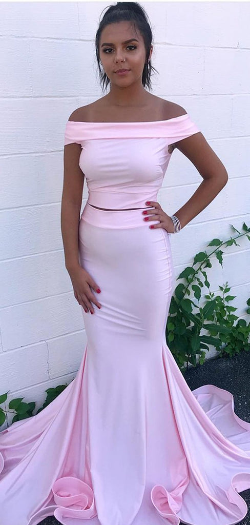 Two Pieces Mermaid Pink Off Shoulder Long Bridesmaid Dresses Gown Online,WG931