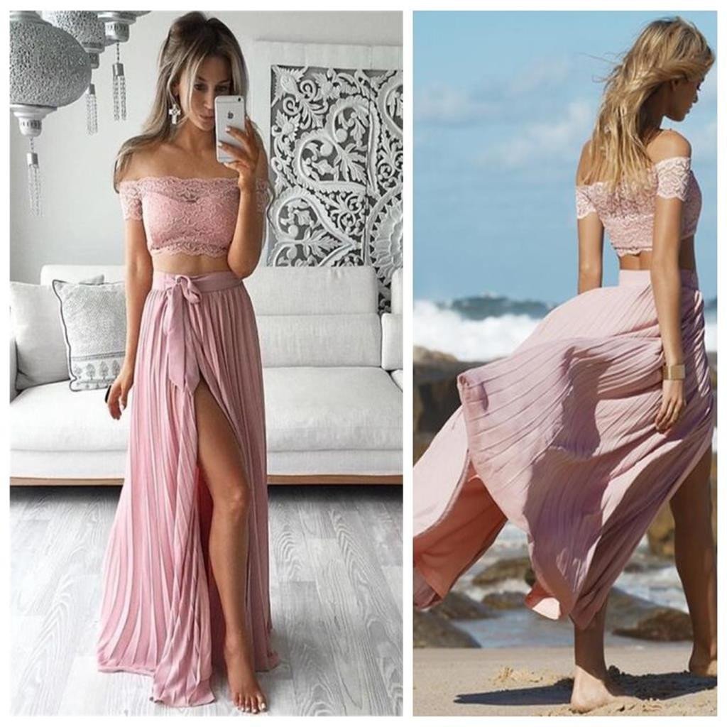 Two Pieces Prom Dress,Off Shoulder Prom Dress,Side Silt Prom Dress,Sexy Prom Dress,A-Line Evening Dress , Pink Prom Dresses,Long Prom Dress,PD0050