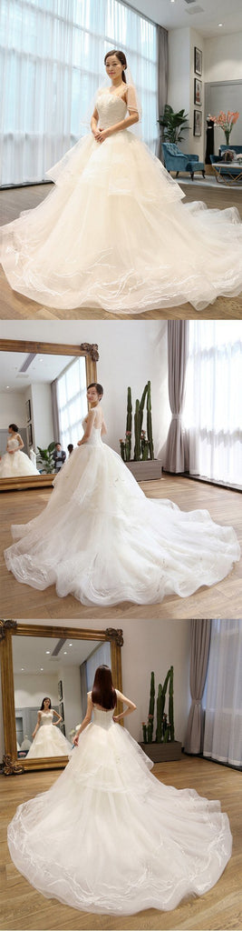 Two Straps Tulle Lace A line Long Tail Wedding Dresses, Custom Made Long Wedding Gown, Cheap Wedding Gowns, WD204