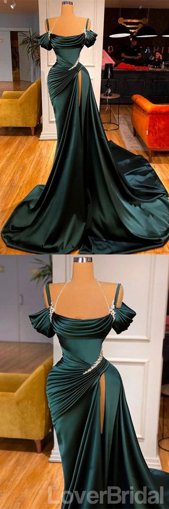 Unique Emerald Green Mermaid Spaghetti Straps High Slit Long Prom Dresses,12647