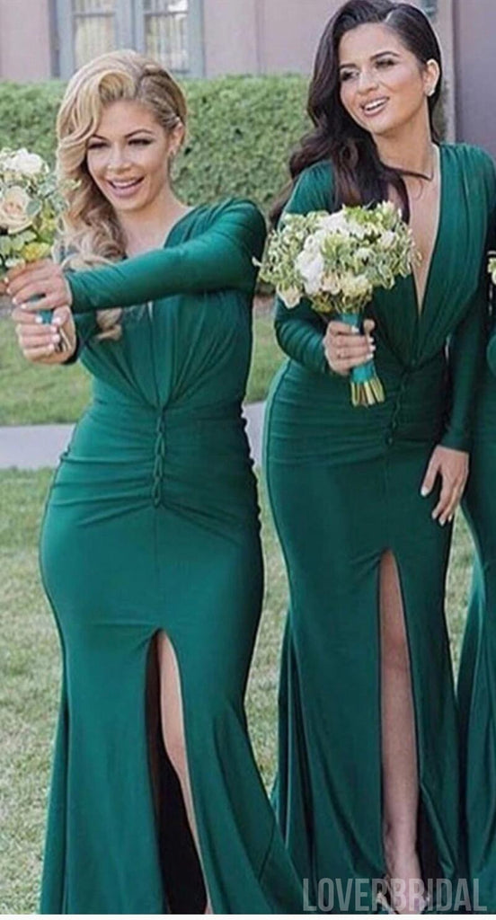 Unique Long Sleeves Sexy V Neck Mermaid Teal Green Cheap Long Bridesmaid Dresses, WG308