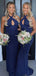 Unique Royal Blue Mermaid Halter Cheap Long Bridesmaid Dresses,WG1289