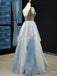 Unique V neck Ruffle Blue Long Evening Prom Dresses, Evening Party Prom Dresses, 12229