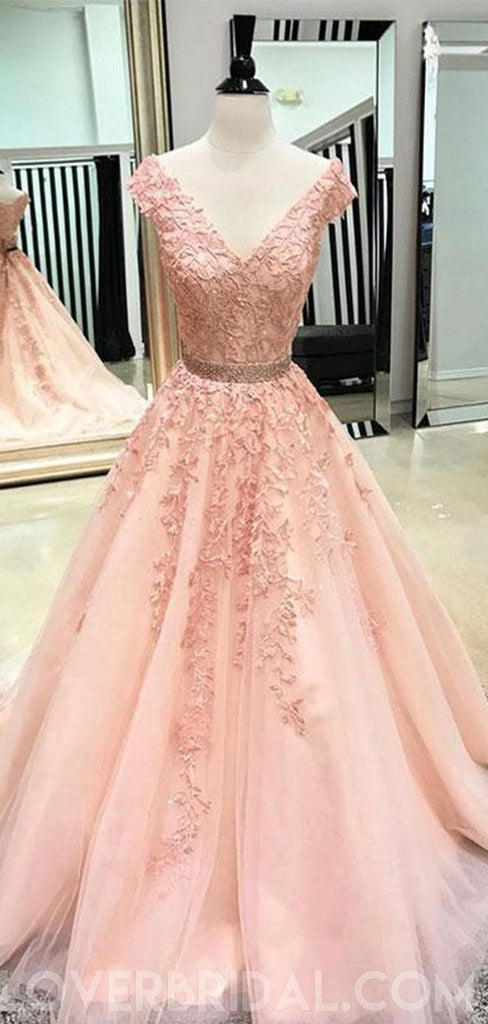 V Neck Cap Sleeves Peach Lace A-line Long Evening Prom Dresses, Cheap Sweet 16 Dresses, 18446