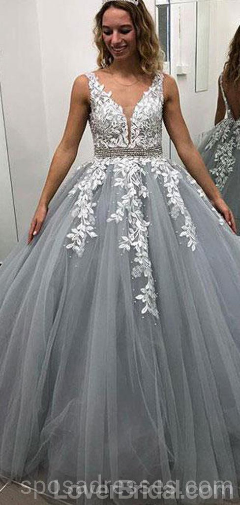 V Neck Grey Lace Ball Gown Long Evening Prom Dresses, Cheap Custom Party Prom Dresses, 18582