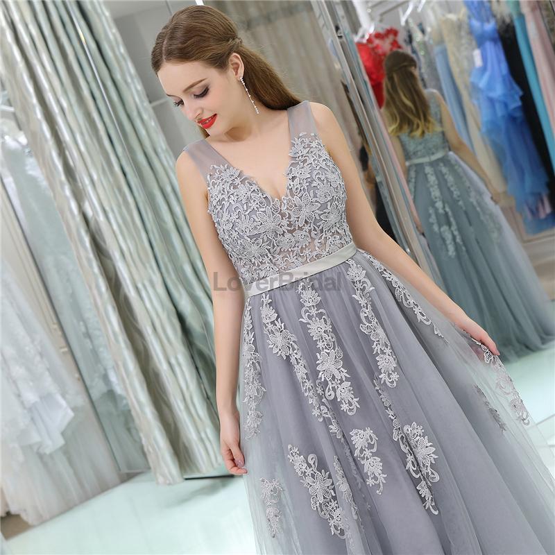 V Neck Grey Tulle A-line Evening Prom Dresses, Evening Party Prom Dresses, 12108