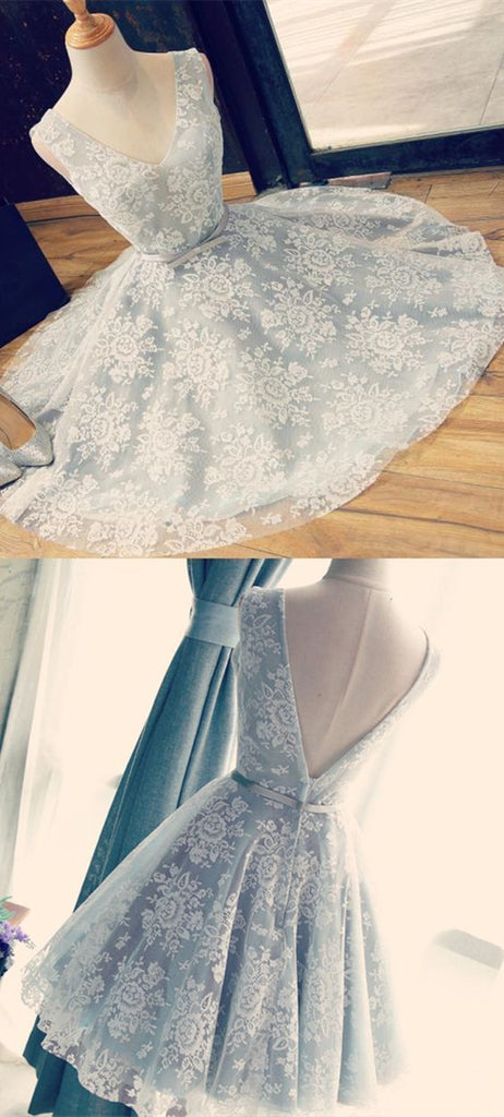 V Neckline Gray Lace Cute Short Homecoming Prom Dresses, Affordable Short Party Prom Sweet 16 Dresses, Perfect Homecoming Cocktail Dresses, CM361