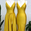 Yellow Spaghetti Straps V-neck Long Bridesmaid Dresses Gown Online,WG941