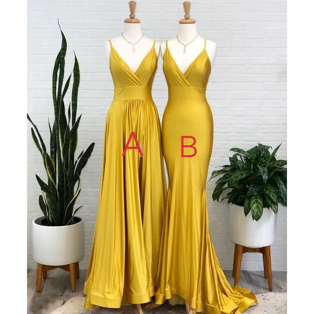 Yellow Spaghetti Straps V-neck Long Bridesmaid Dresses Gown Online,WG941